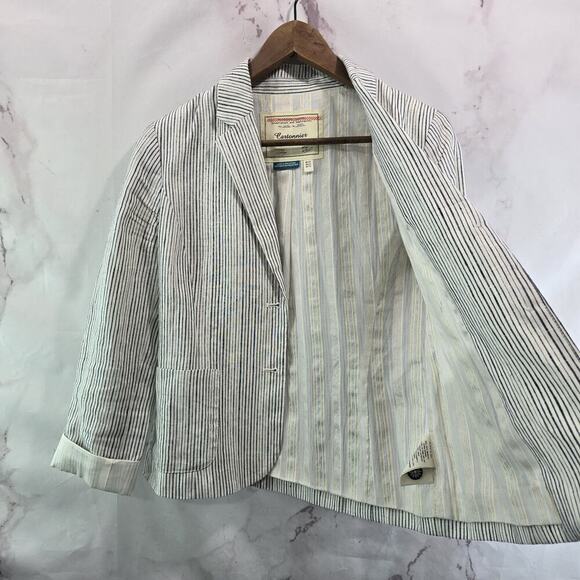 Anthropologie Blazer Womens 4 White Navy Blue Linen Pinstripe Jacket Cartonnier - Picture 9 of 14